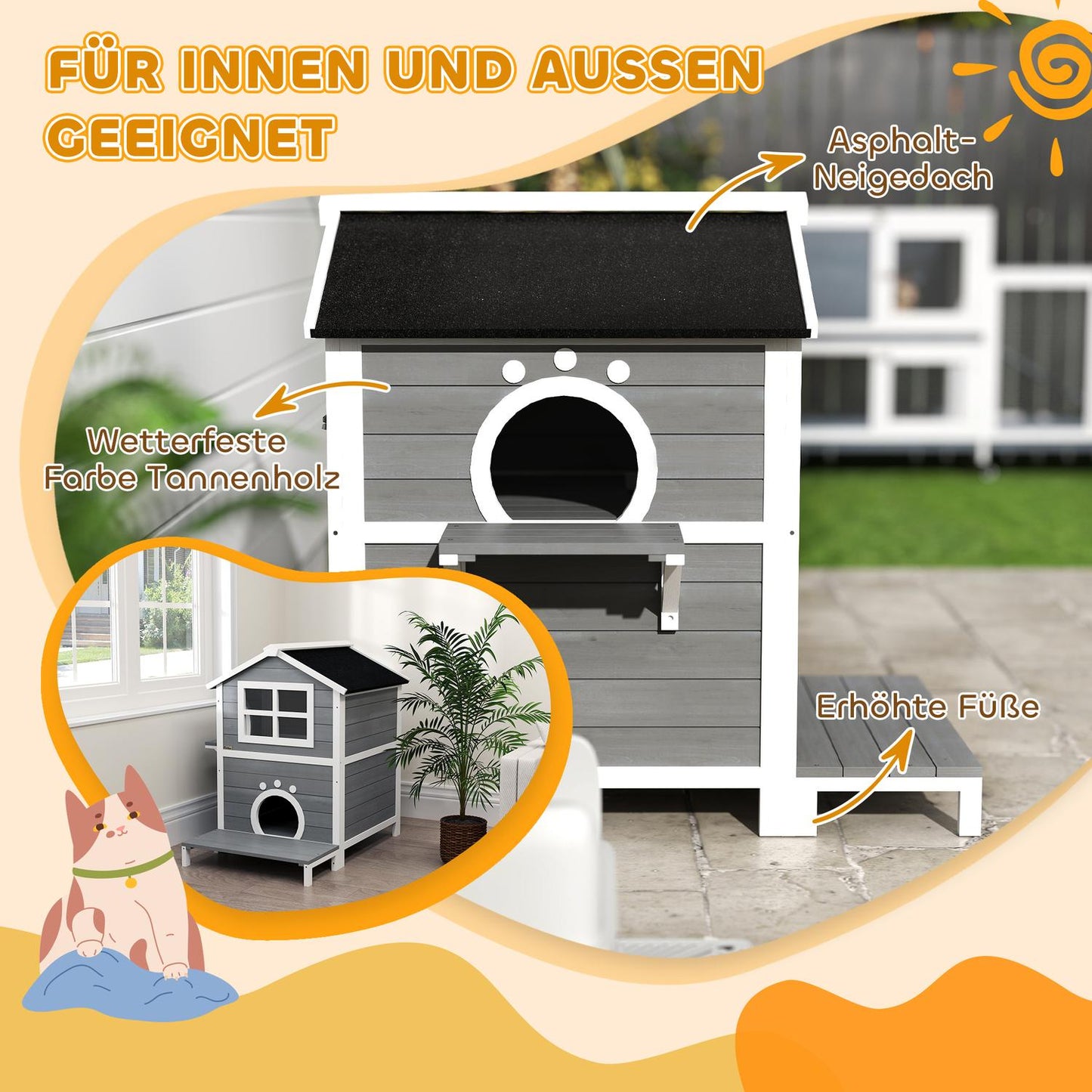 Weather-resistant wooden cat house with window and balcony
