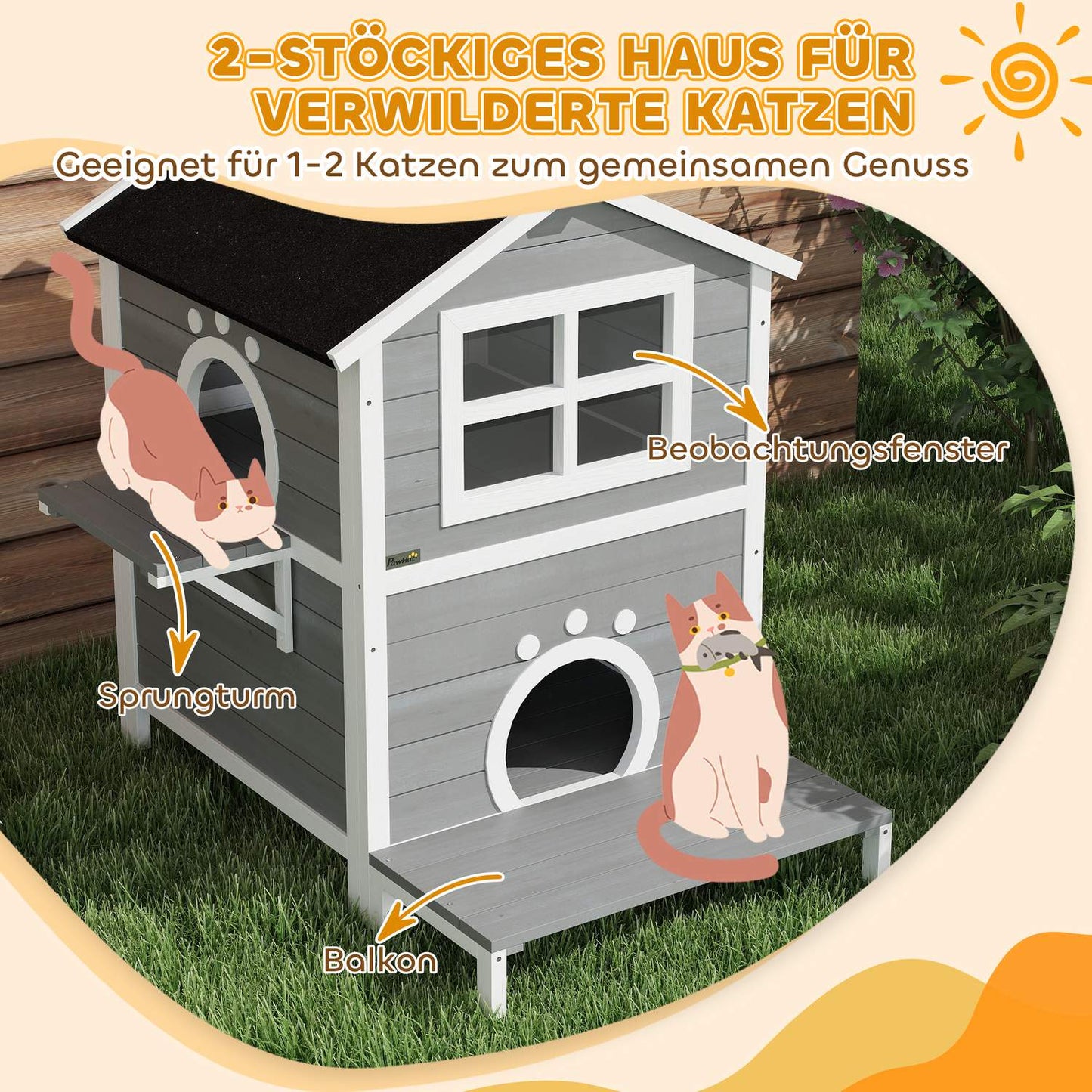 Weather-resistant wooden cat house with window and balcony