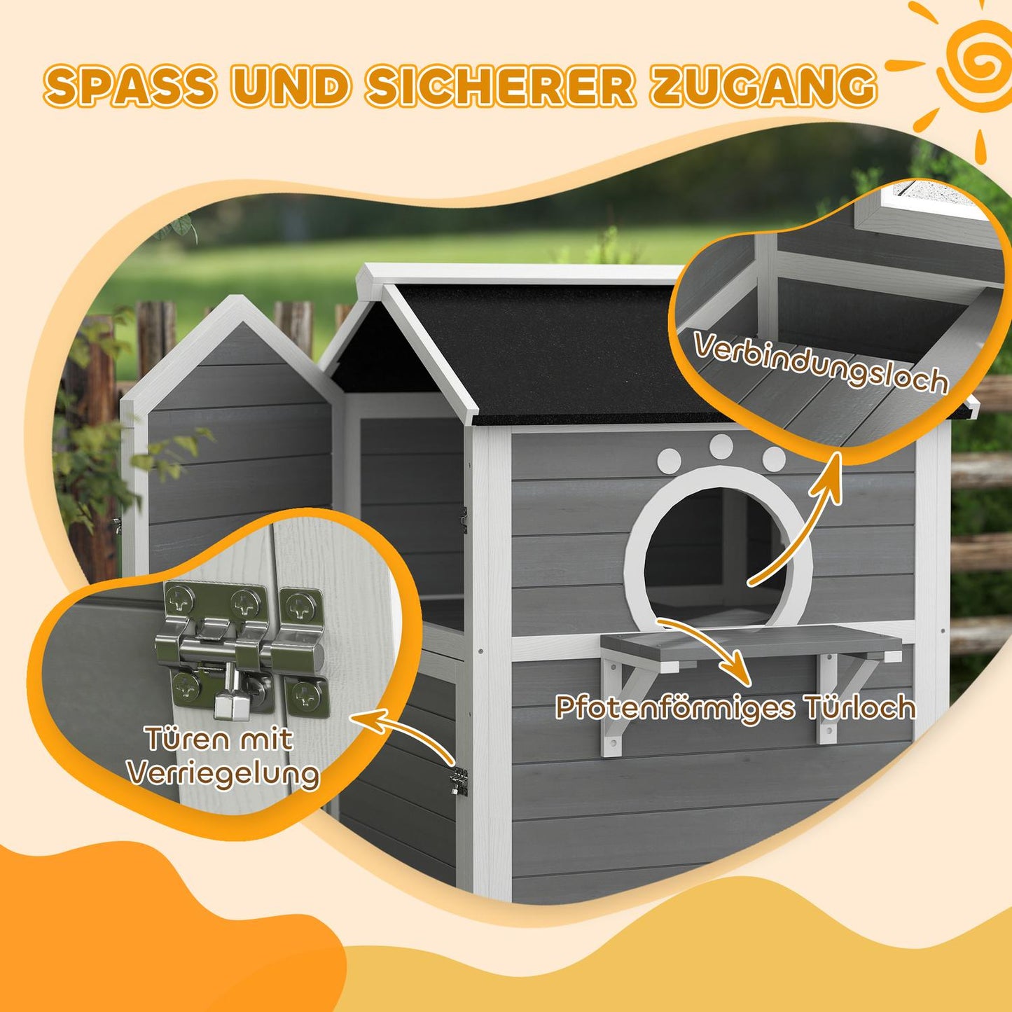 Weather-resistant wooden cat house with window and balcony