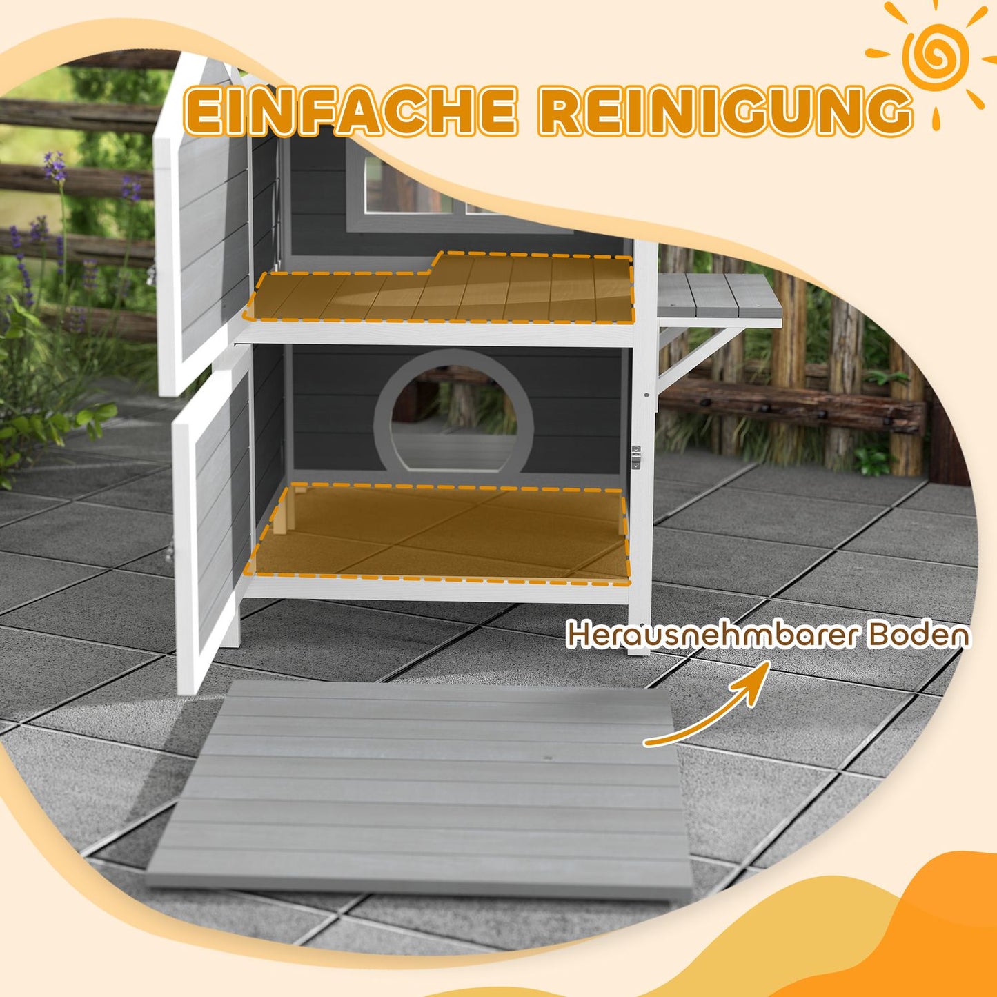 Weather-resistant wooden cat house with window and balcony