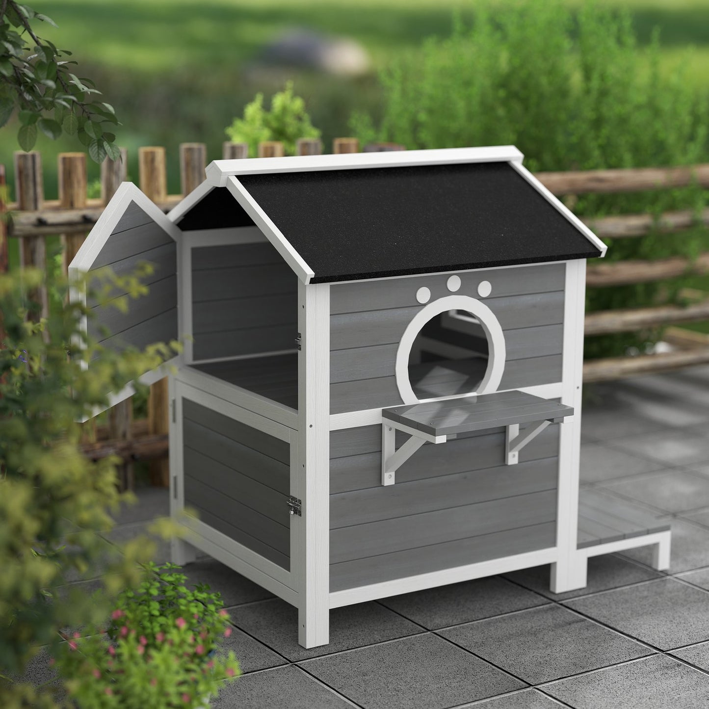 Weather-resistant wooden cat house with window and balcony