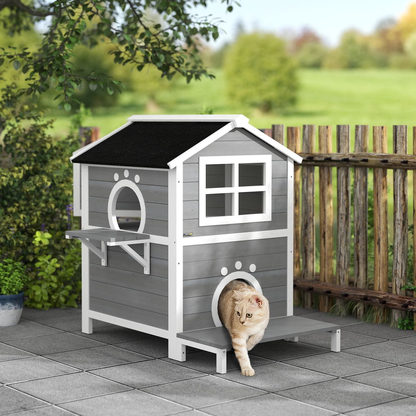 Weather-resistant wooden cat house with window and balcony