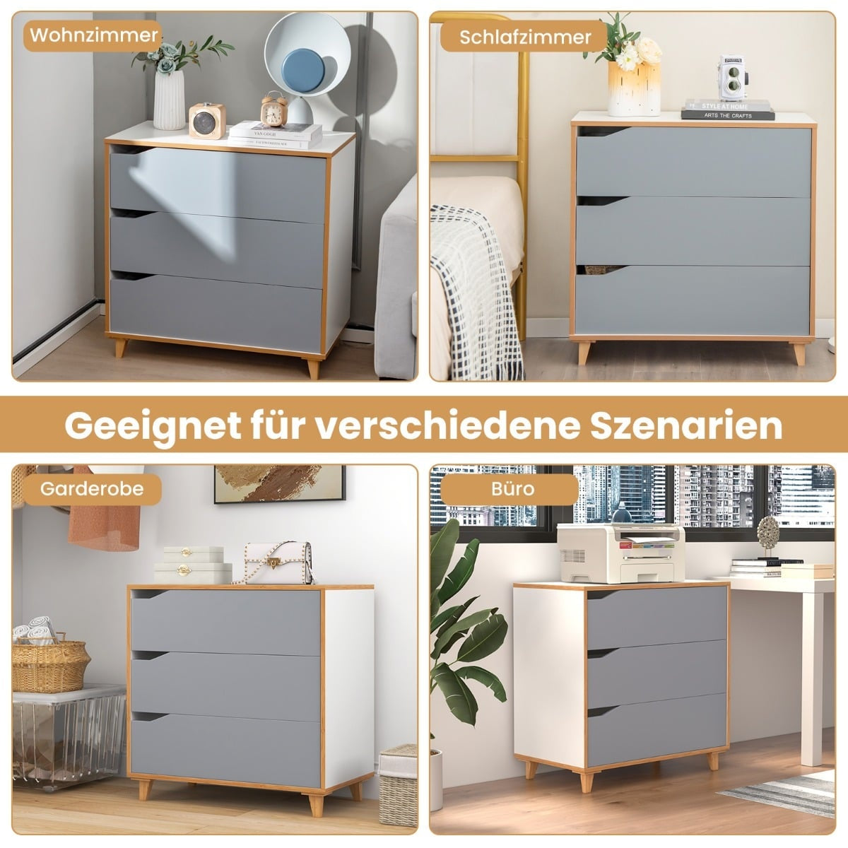 Wooden Drawer Sideboard, Grey, 75x42x75 cm, Bedroom Storage