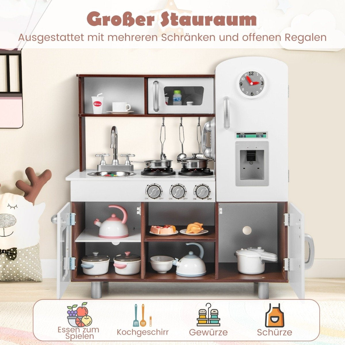 Wooden Kids Kitchen Set with Light, Sound, Oven & Utensils