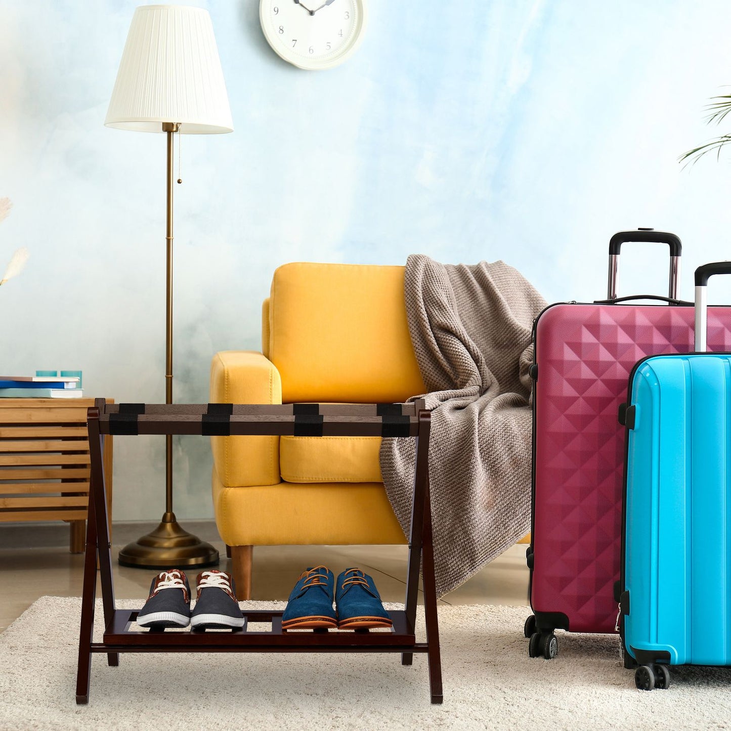 Folding wooden luggage rack with 2 shelves