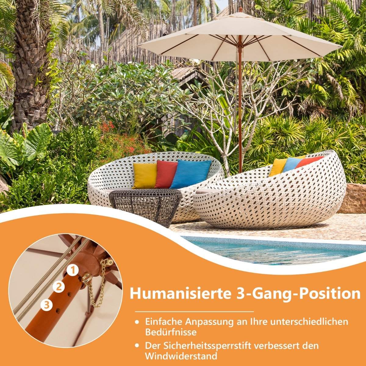 Wooden Patio Umbrella with Pulley, 283 x 252.5 cm, Beige