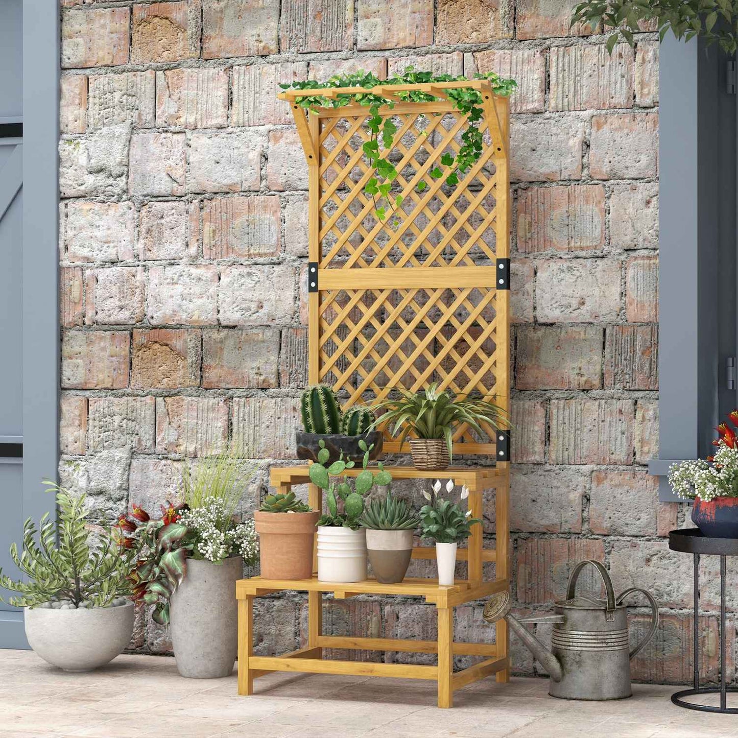 Plant stand in two levels, trellis design for garden, 60x50x166 cm