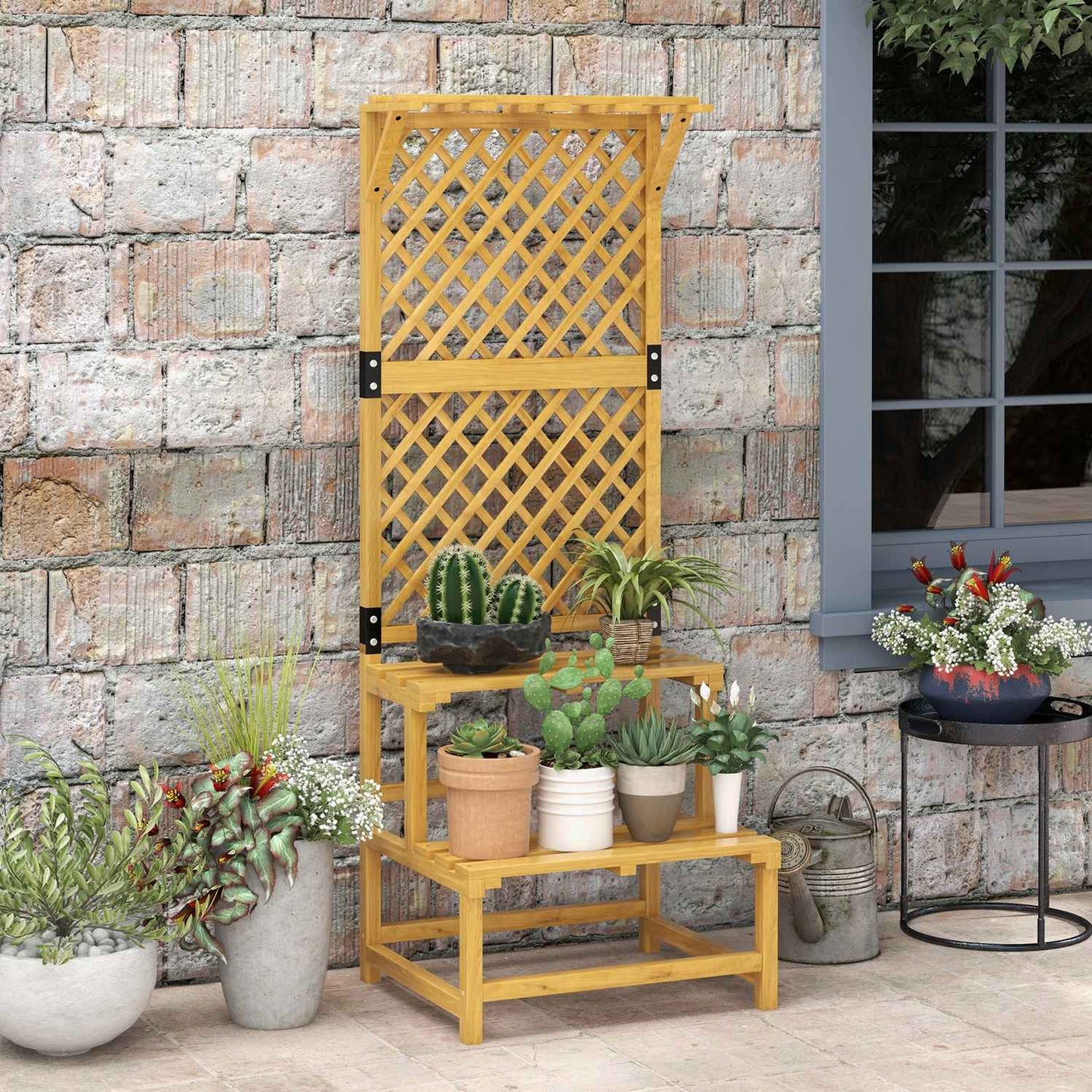 Plant stand in two levels, trellis design for garden, 60x50x166 cm