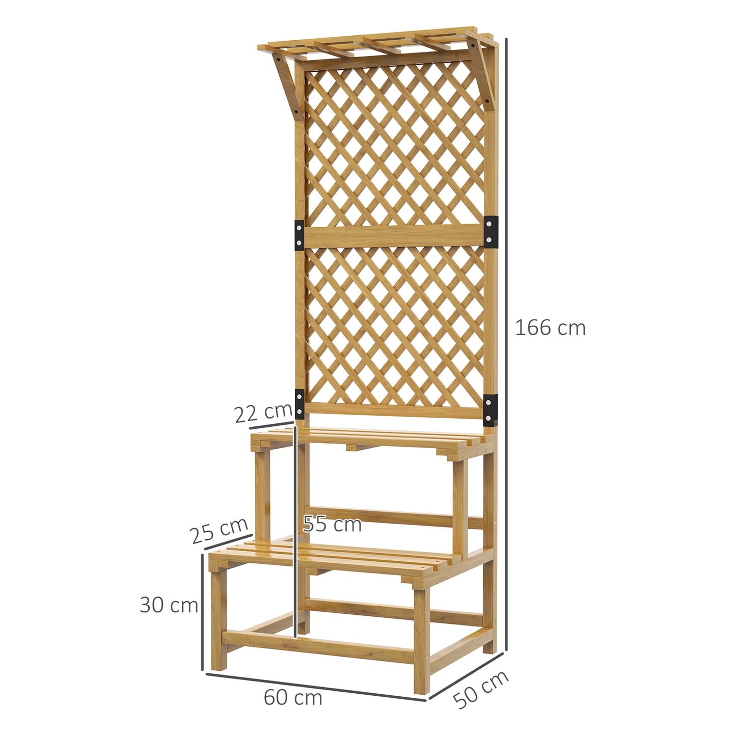 Plant stand in two levels, trellis design for garden, 60x50x166 cm