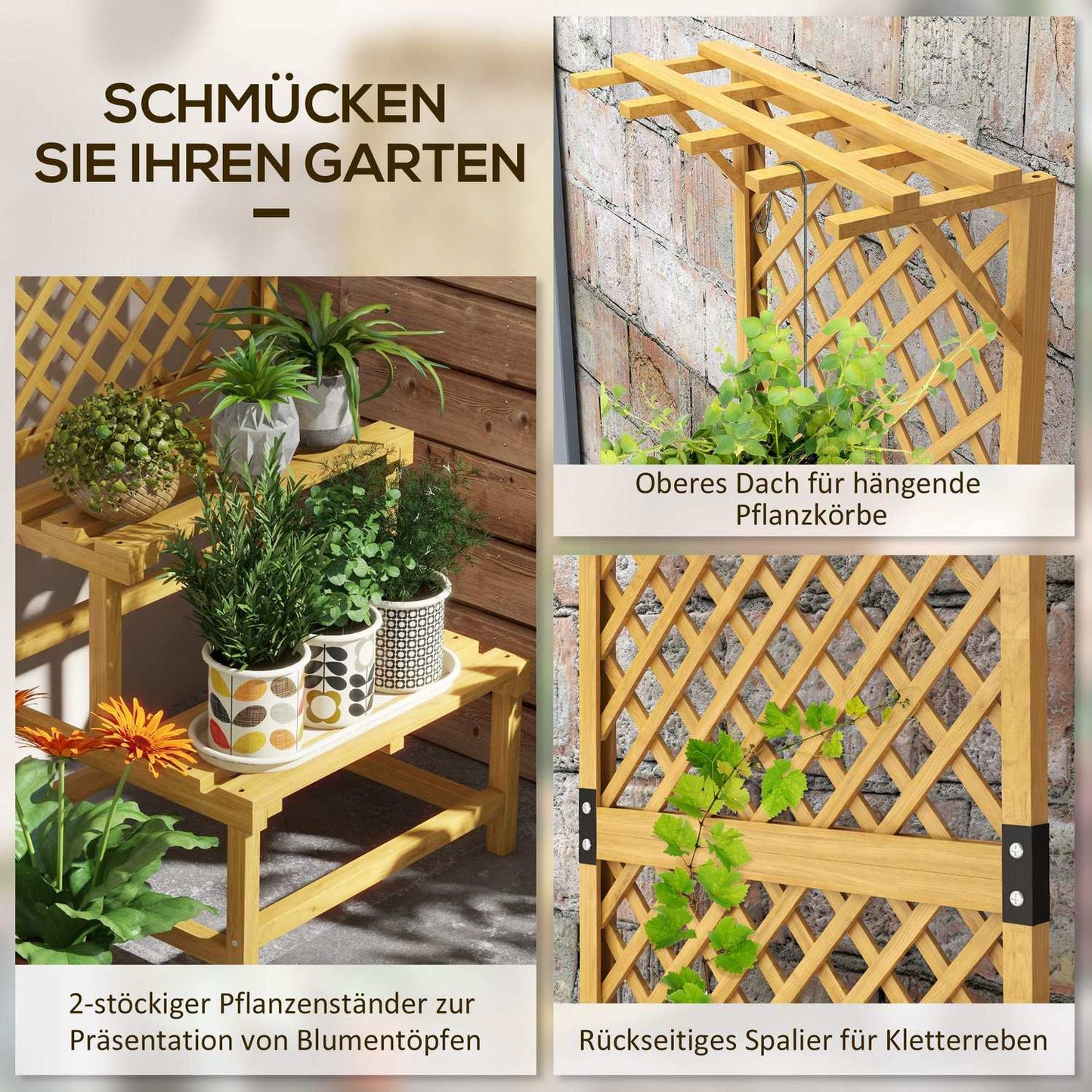 Plant stand in two levels, trellis design for garden, 60x50x166 cm