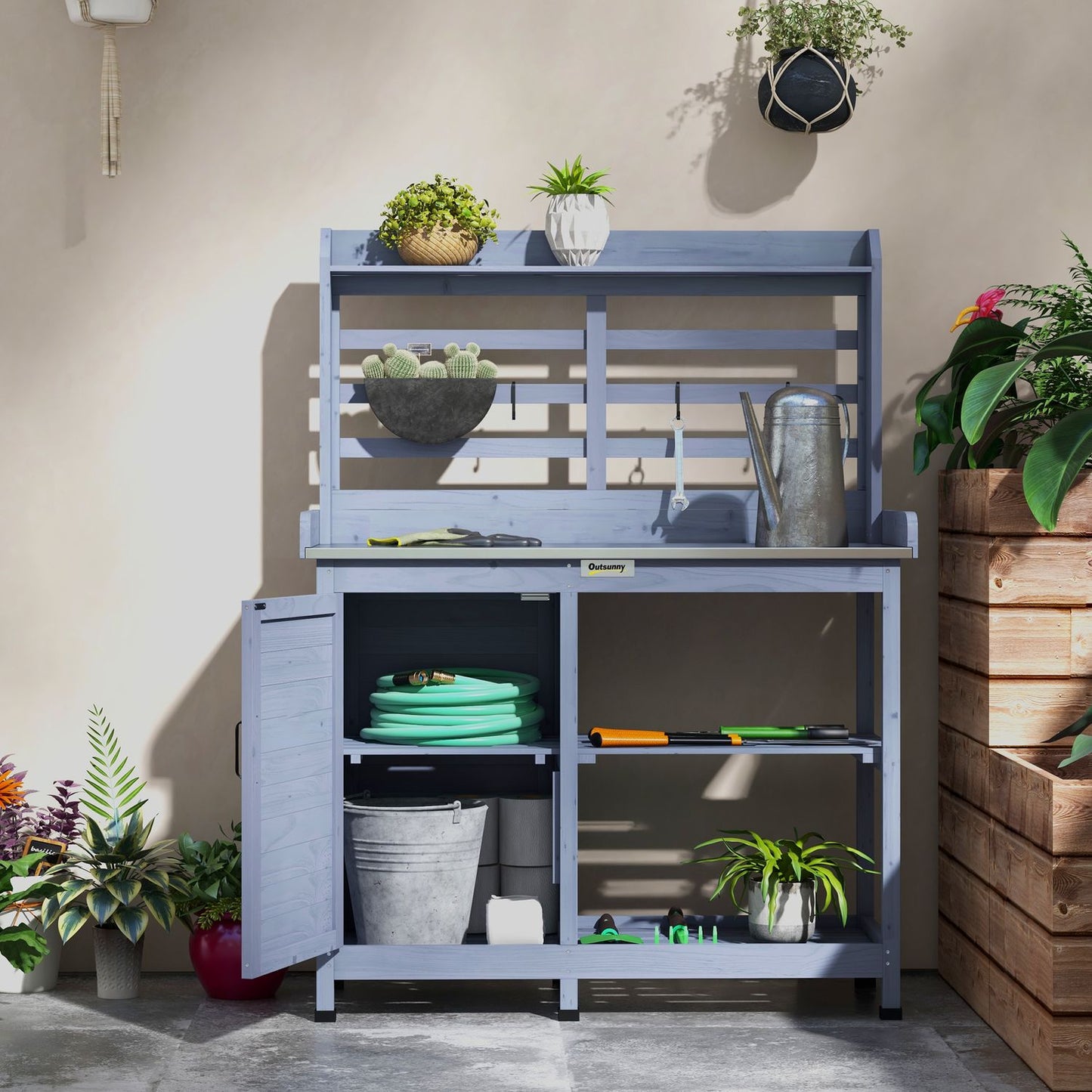 Garden plant table in wood with cabinet and shelves - Grey