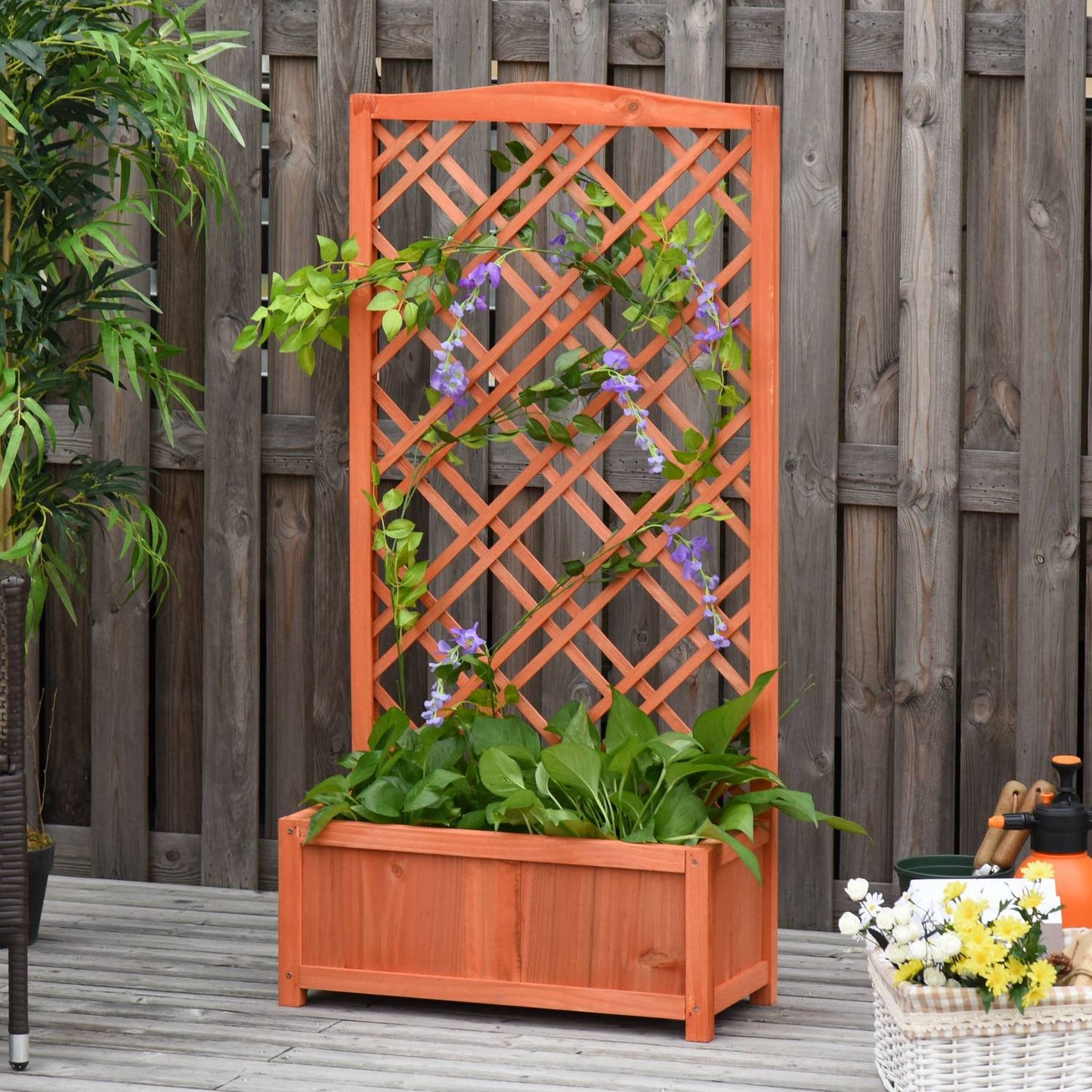 Wooden Planter Flower Stand With Trellis, Yellow, 60x30x123 Cm