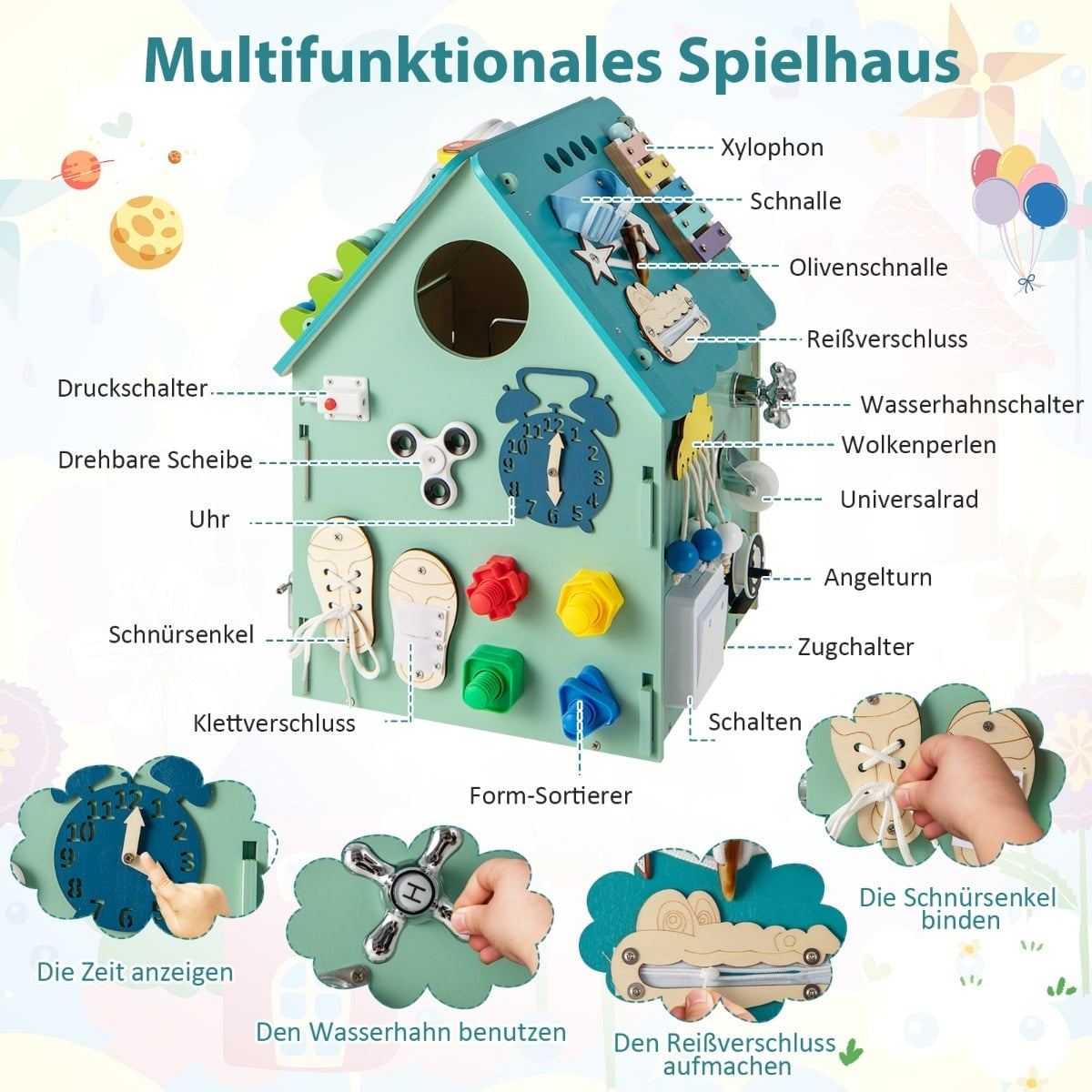 Wooden Playhouse with Sensory Games and Storage for Kids