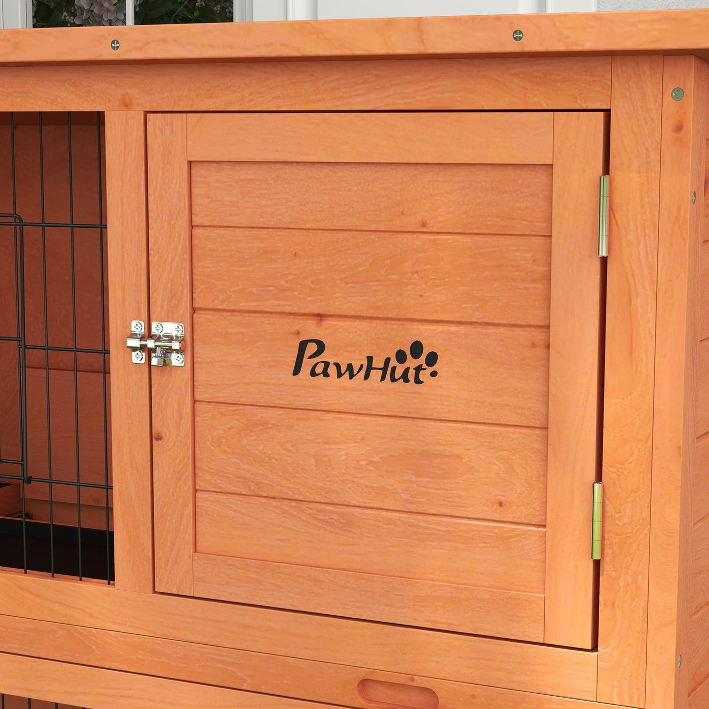2-story wooden rabbit hutch with outdoor ramp