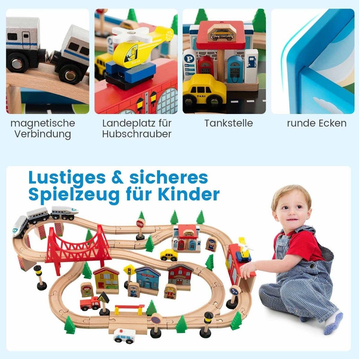 Wooden Railway Table 80-Piece Playset with Reversible & Removable Table Top 82.5 x 60 x 40 cm Multicolored