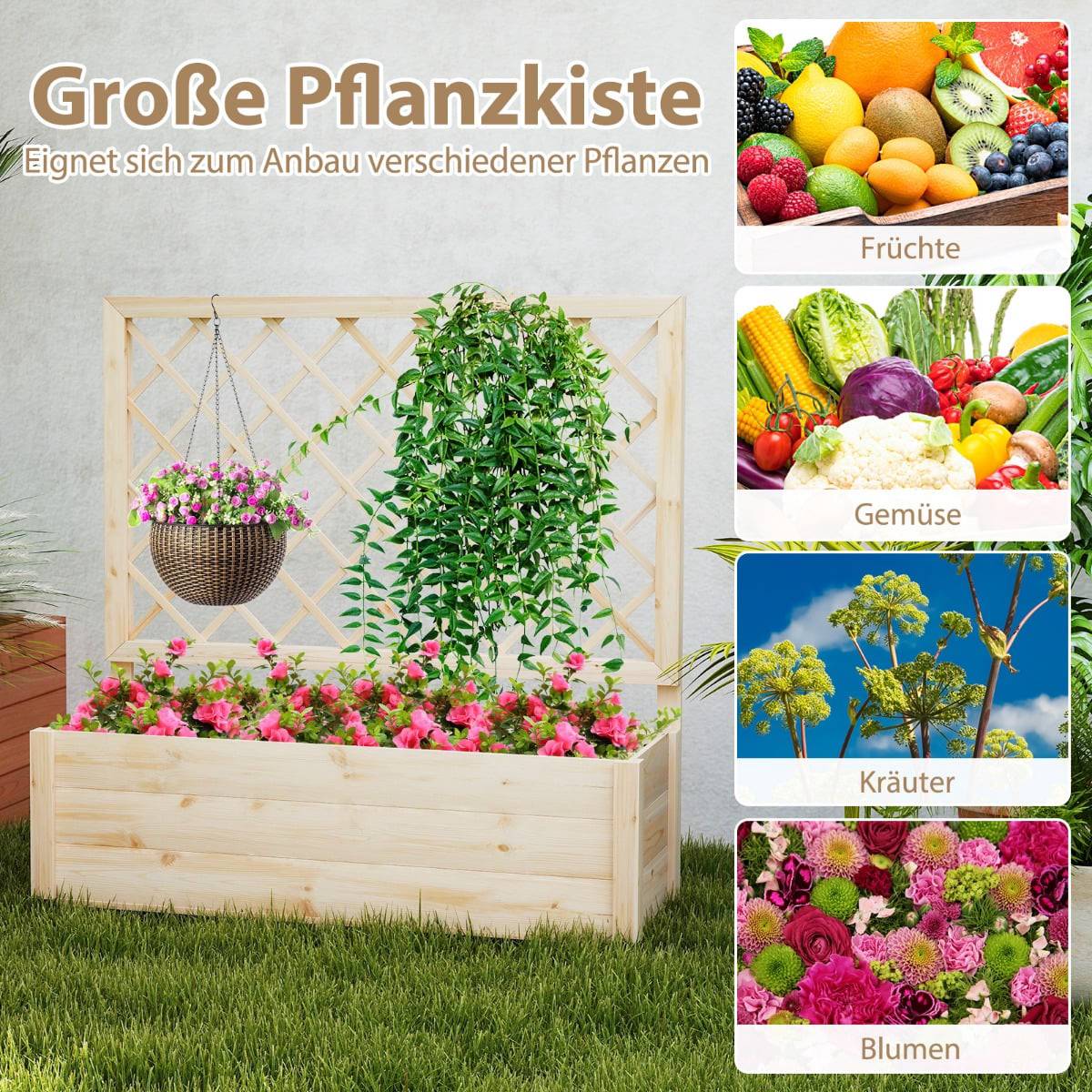 Wooden Raised Garden Bed with Trellis, Drainage, 98x35x101 cm