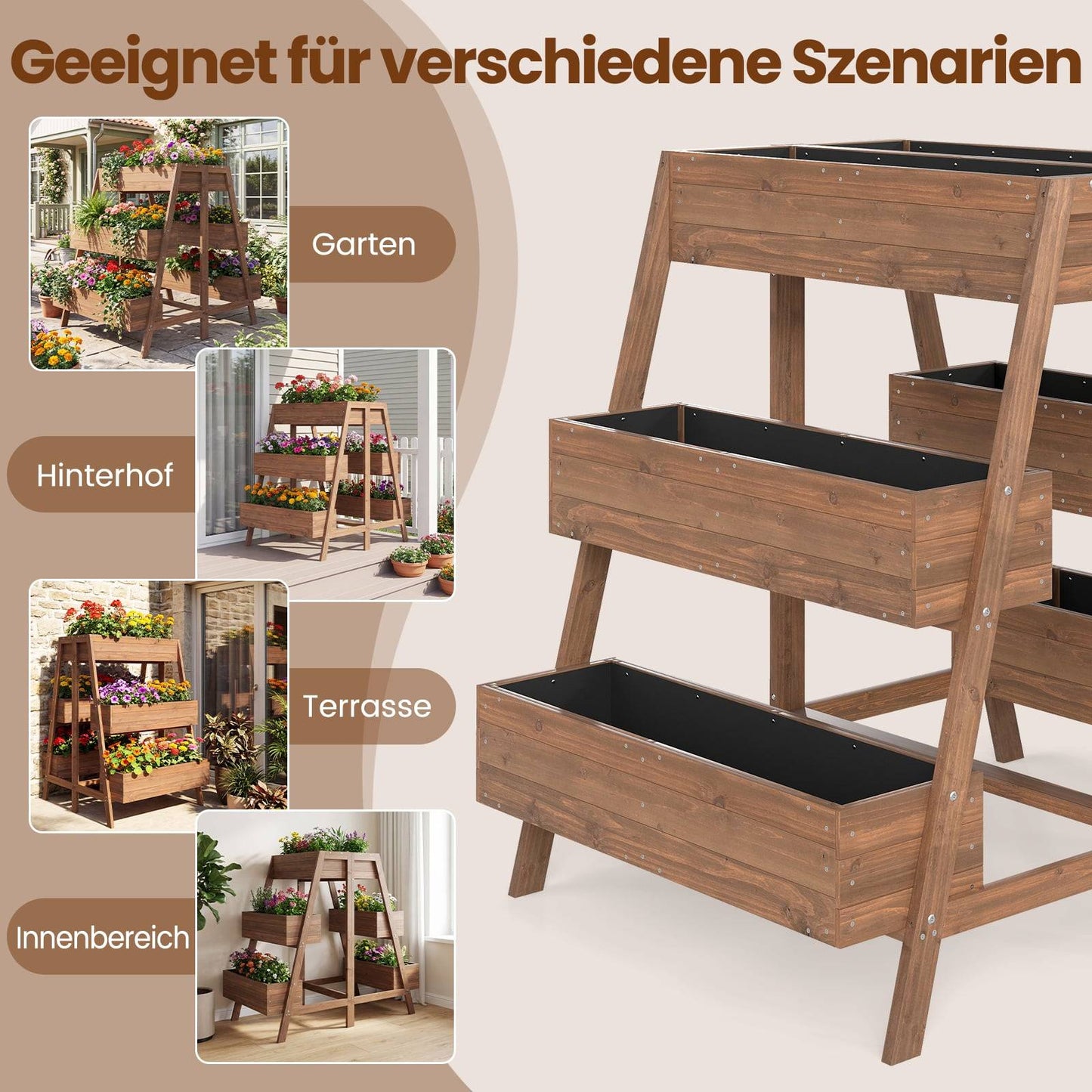 Wooden Tiered Raised Garden Bed with 6 Planters, 126x90x115 cm