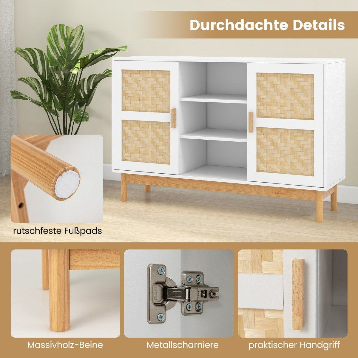 Wooden buffet cabinet kitchen cabinet with 2 bamboo doors & 3 open shelves 120 x 35 x 78 cm natural + white