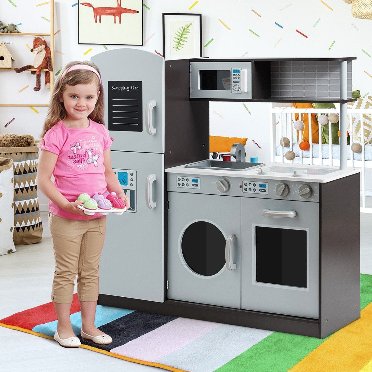 Wooden children's play kitchen with sink and tap & stove with clicking sounds