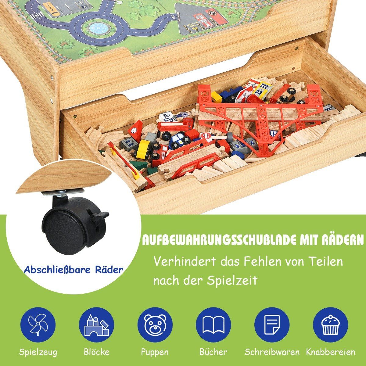 Wooden children's railway train wooden train set activity table with drawer 78 x 63 x 33 cm natural