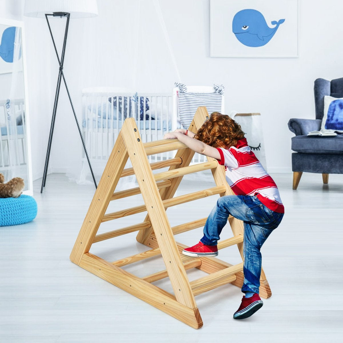 Wooden climbing triangle climbing frame for children aged 3 and over to develop motor skills made of natural pine 93x46x81cm