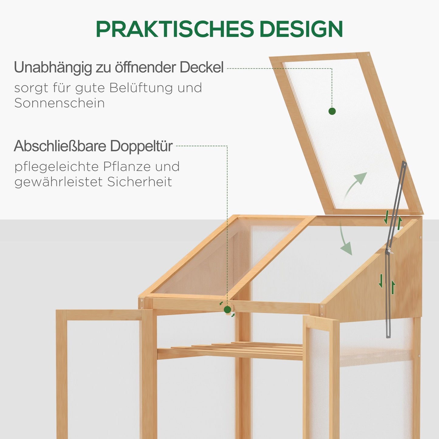 Mini wooden greenhouse with shelves, double door, 70x50x120 cm