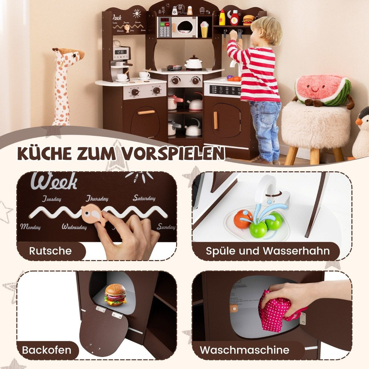 Wooden corner play kitchen with sound & Light & Coffee machine & Slide Toddler Kitchen Playset Brown