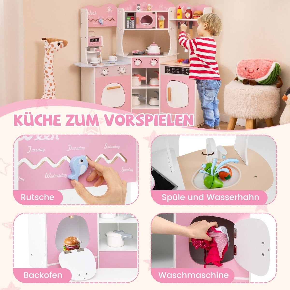 Wooden corner play kitchen with sound & Light & Coffee machine & Slide Toddler Kitchen Playset Pink