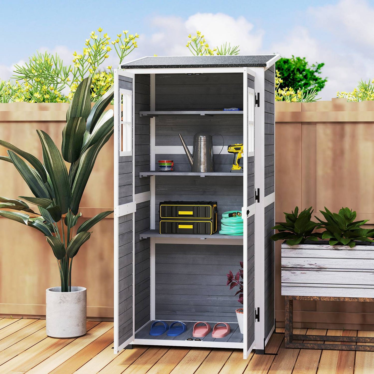 Wooden garden tool shed, weatherproof, lockable, 91x69x192cm