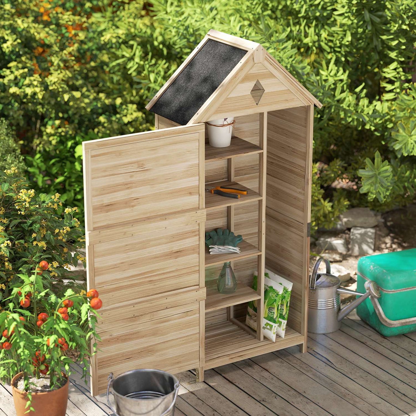 Waterproof Garden tool shed in wood, Asphalt roof, 80x49x170 cm