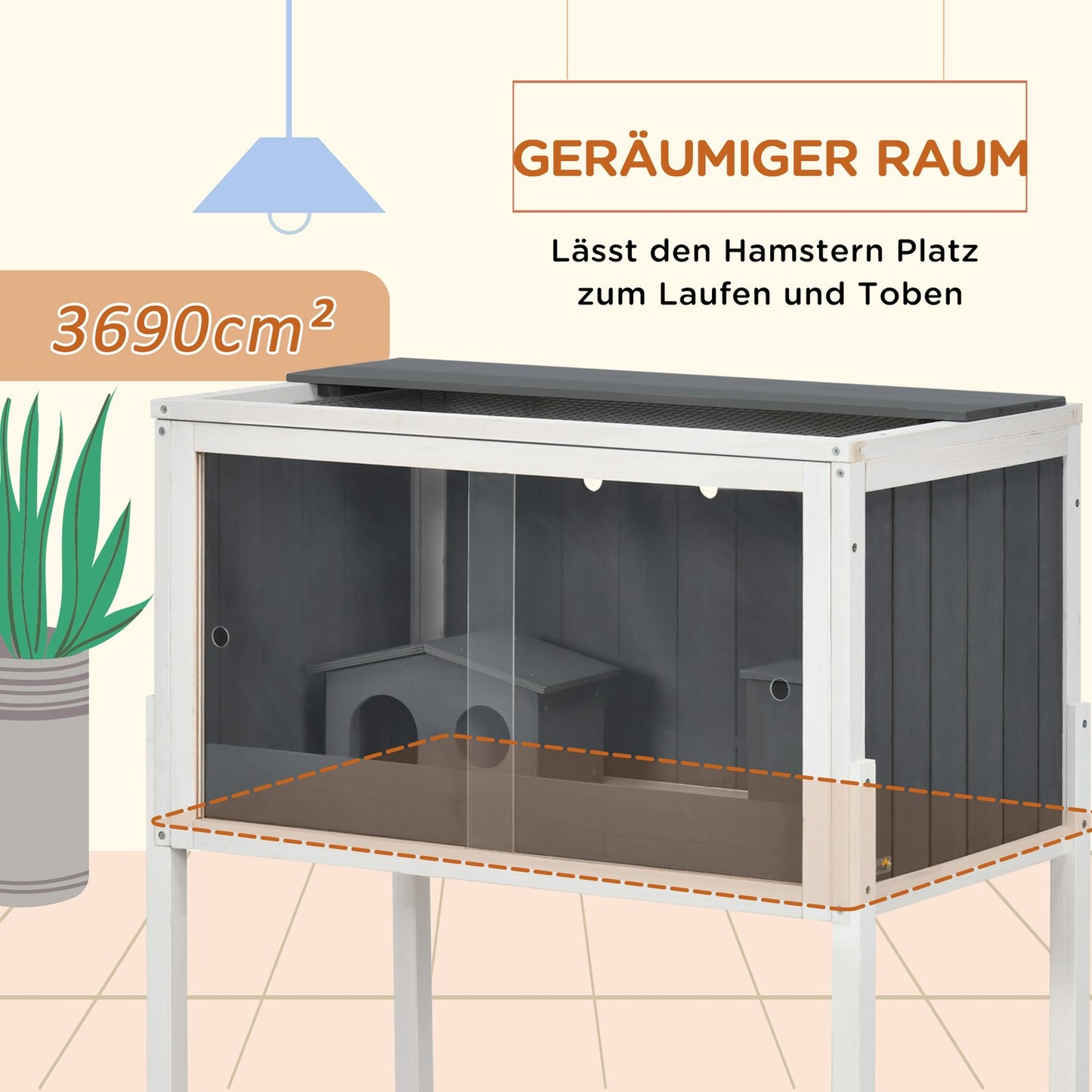 Dwarf hamster cage in wood with huts and accessories, 82cm