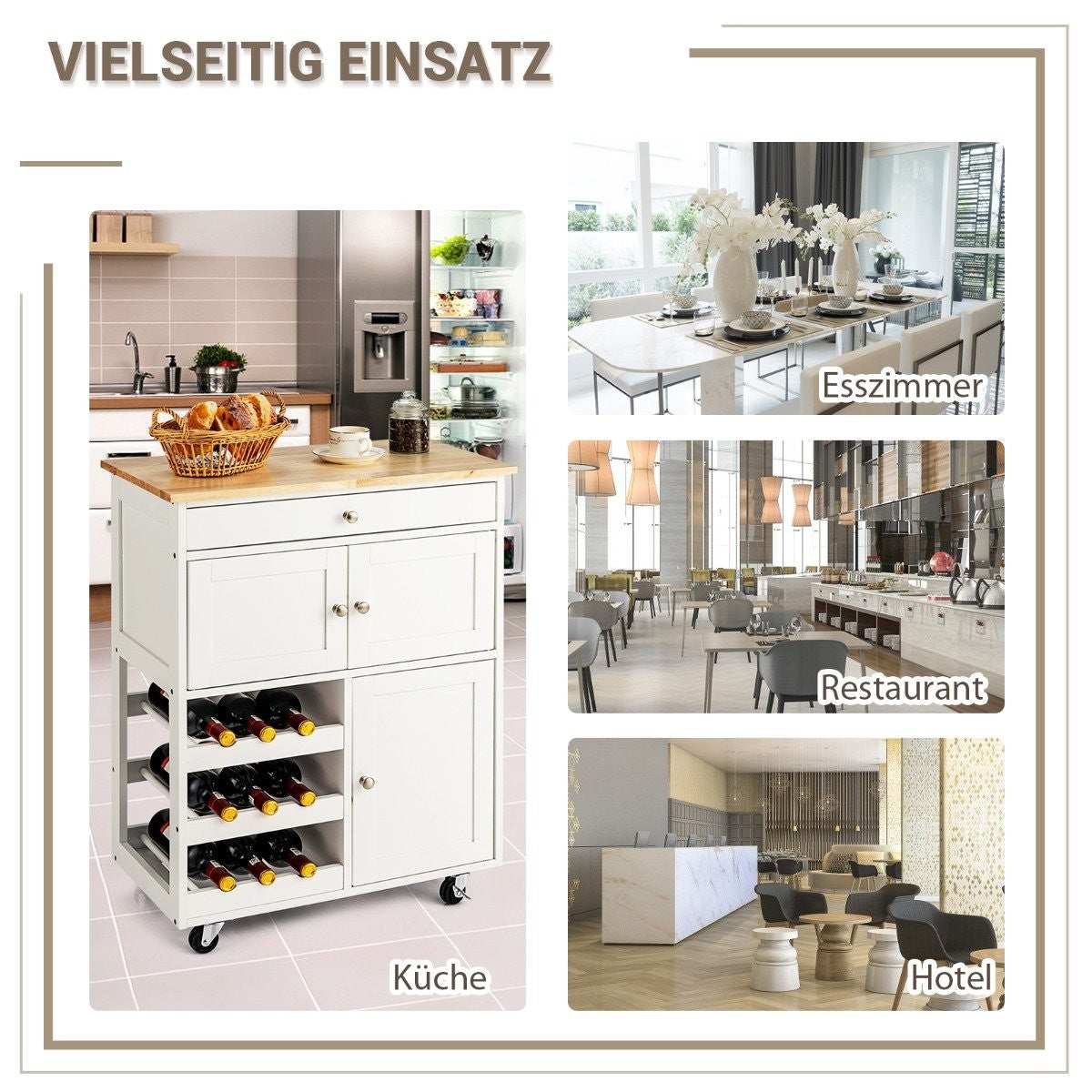 Wooden kitchen trolley serving trolley kitchen trolley with 3 wine racks