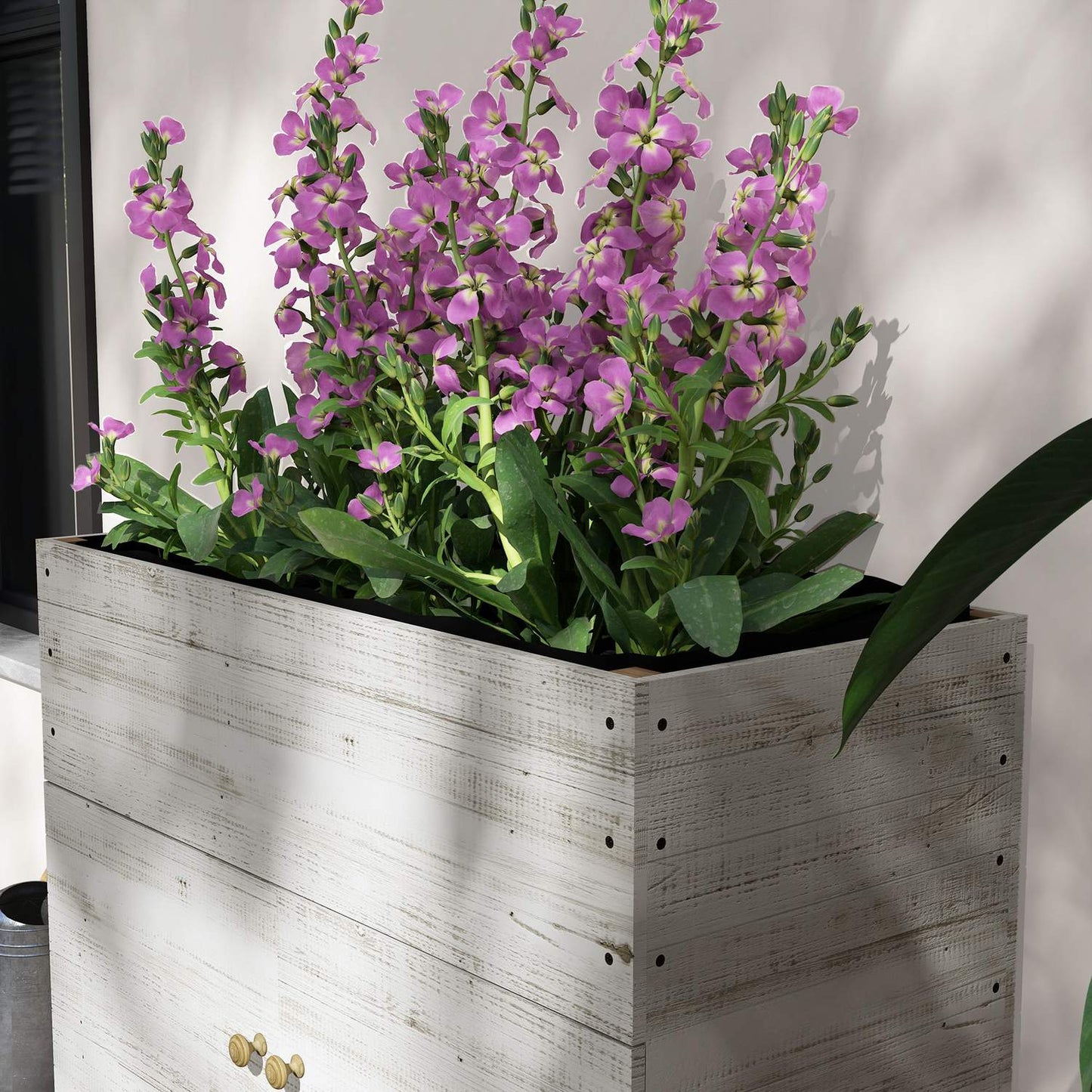 Wooden planter box with wheels and storage, 110x50x95 cm