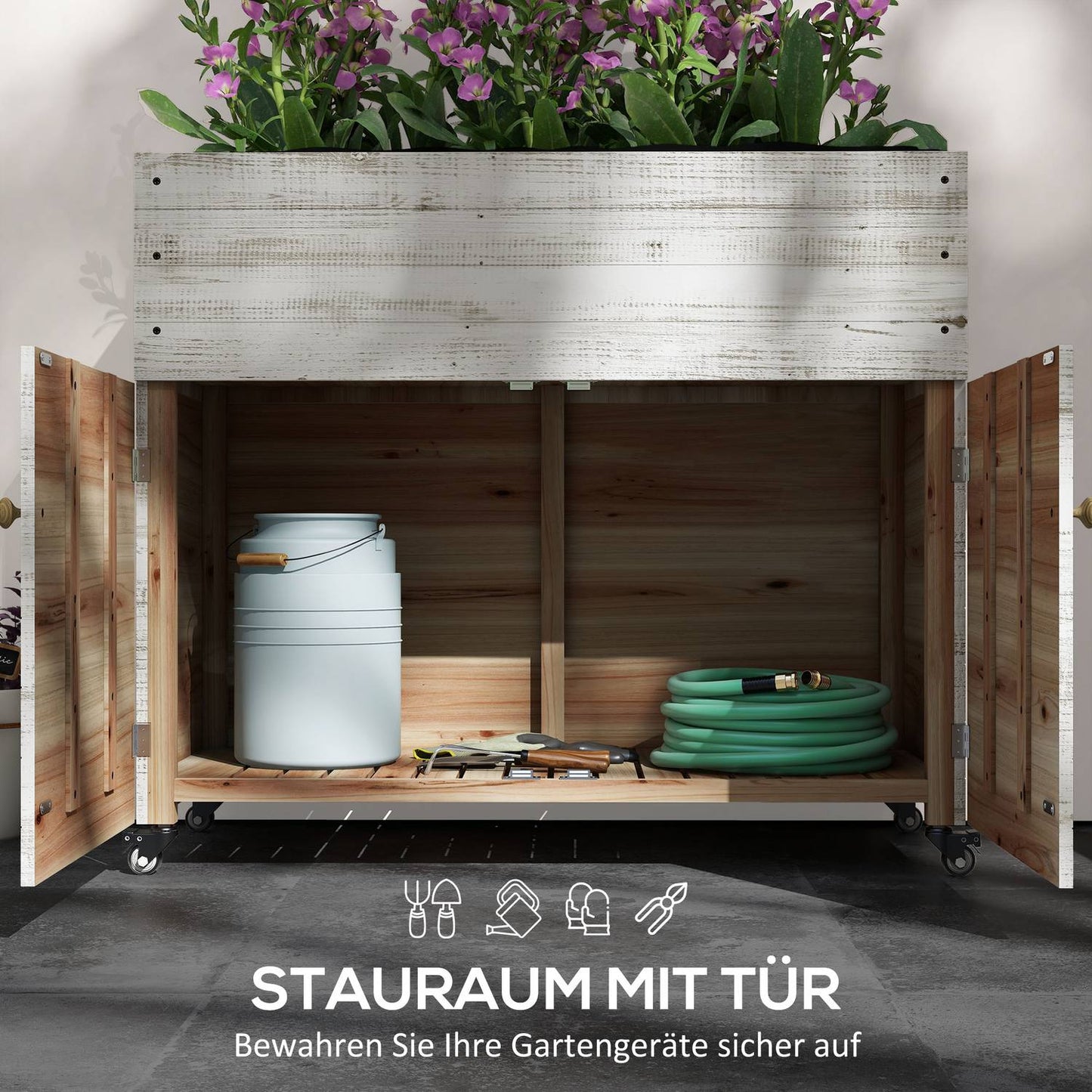 Wooden planter box with wheels and storage, 110x50x95 cm
