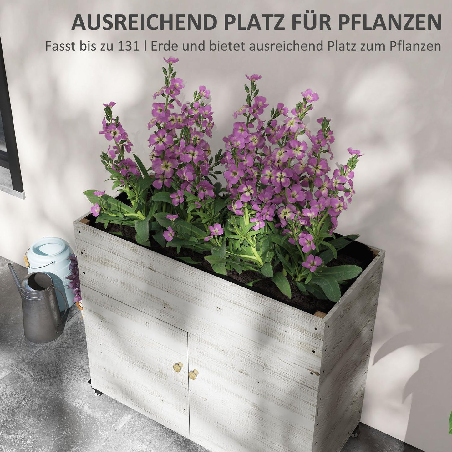 Wooden planter box with wheels and storage, 110x50x95 cm