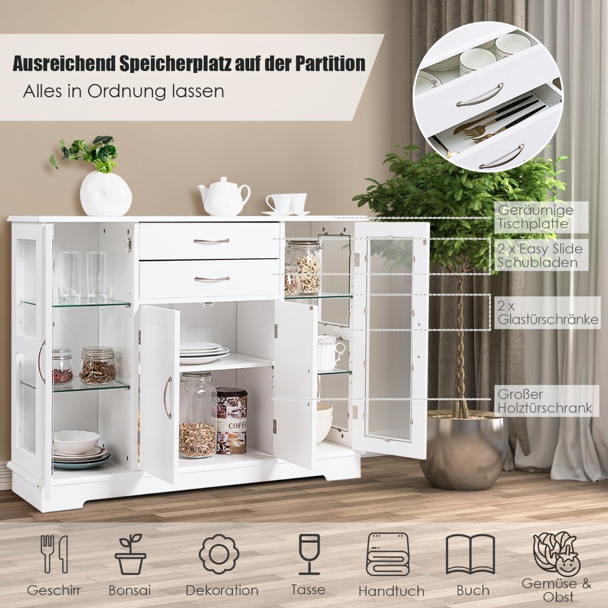 Wooden storage cabinet with tempered glass doors and drawers White