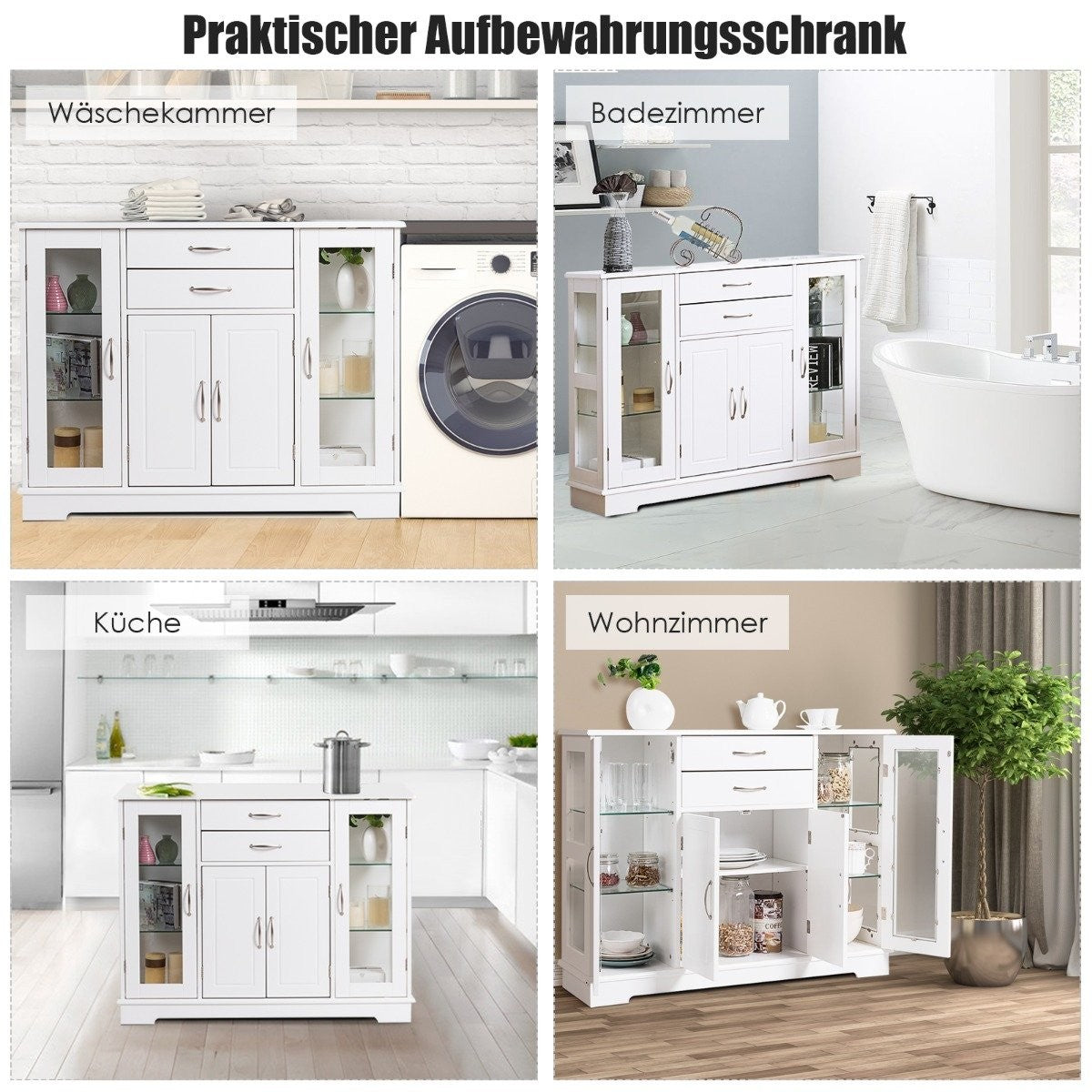 Wooden storage cabinet with tempered glass doors and drawers White