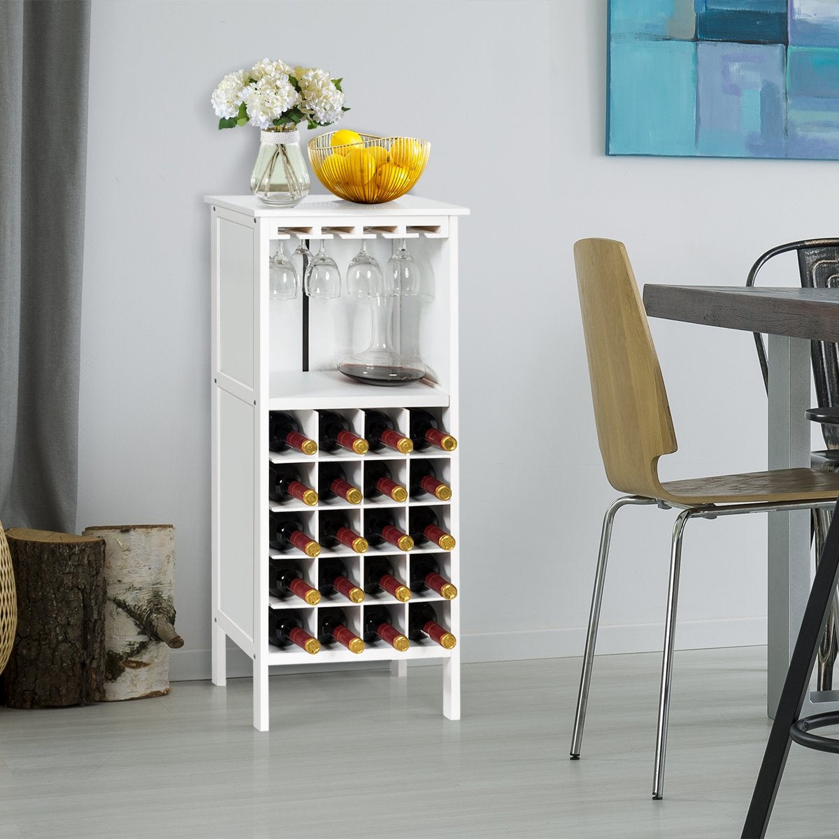 Wooden wine rack for 20 bottles with glass hanger 42 x 24.5 x 96 cm white