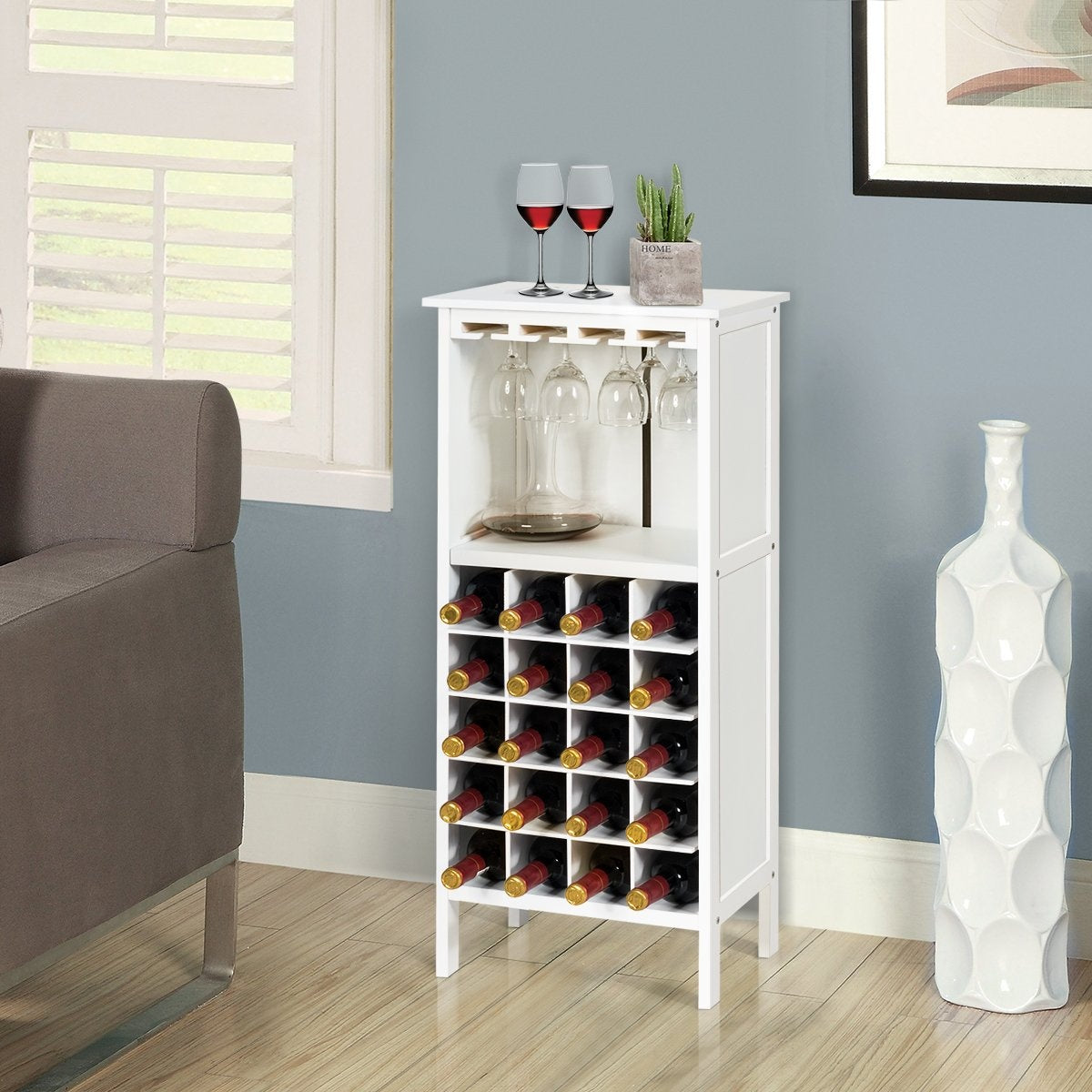 Wooden wine rack for 20 bottles with glass hanger 42 x 24.5 x 96 cm white