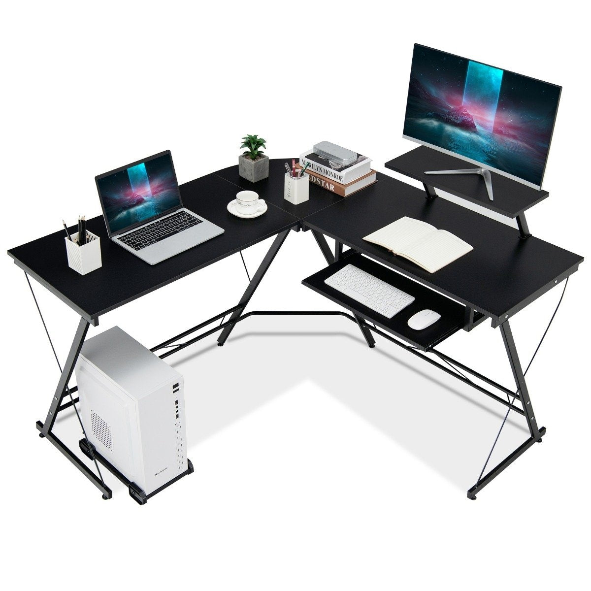 Work Desk L-Shaped Computer Desk with Movable Stand Black