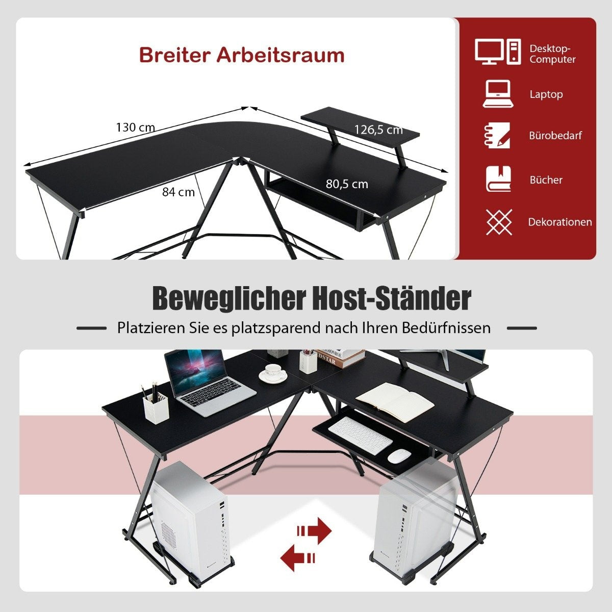Work Desk L-Shaped Computer Desk with Movable Stand Black