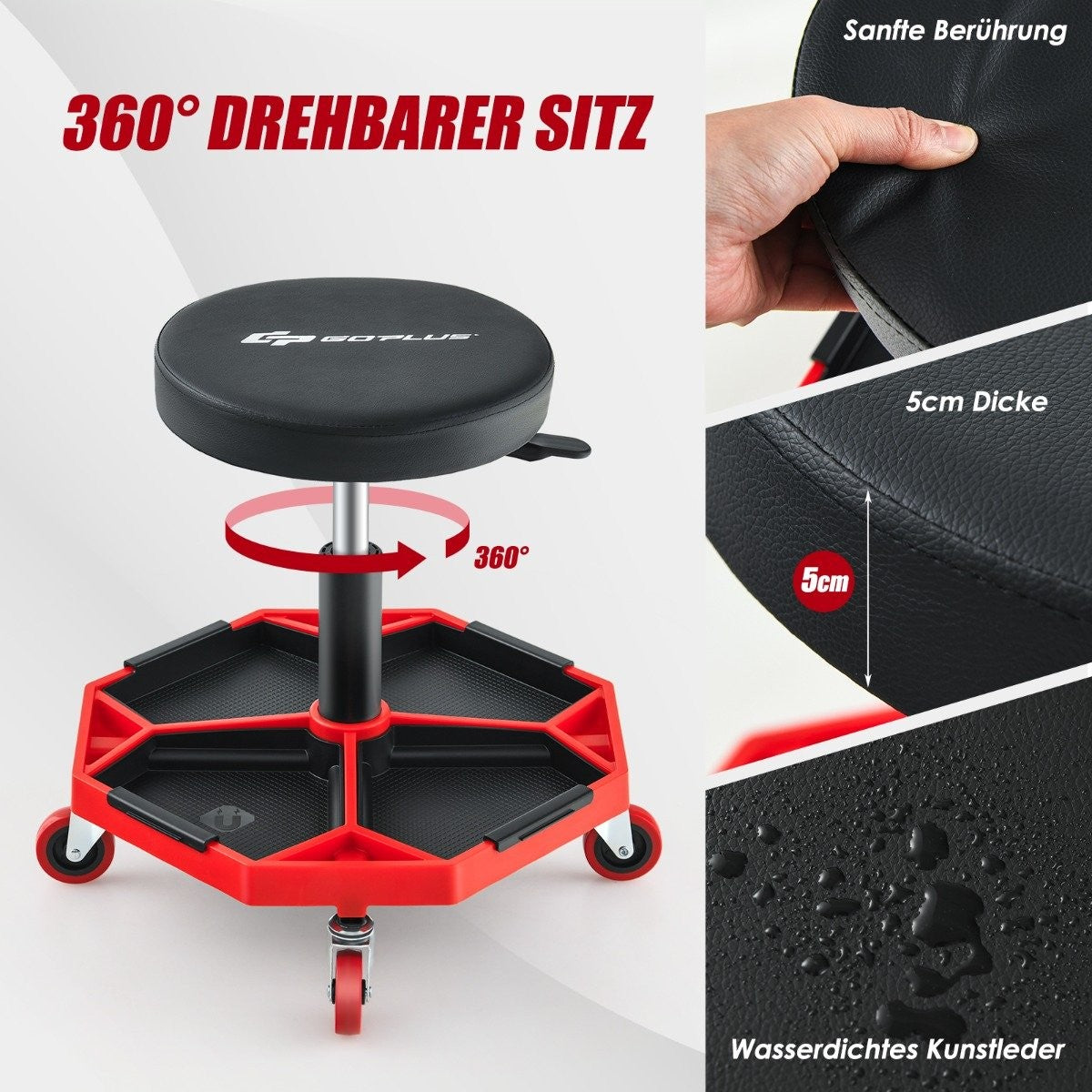 Workshop rolling seat with shelf & 4 universal wheels, 150 kg load capacity, height adjustable red + black