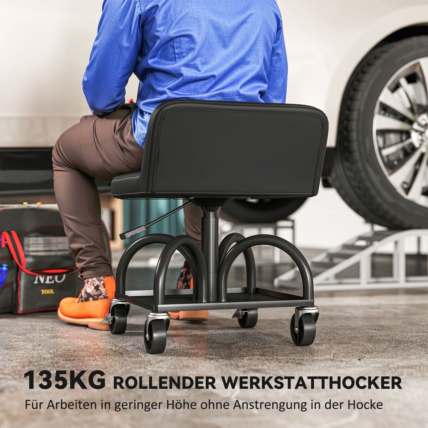 Workshop stool with castors, storage area, 58.5 cm high, rolling stool, load capacity up to 135 kg, black