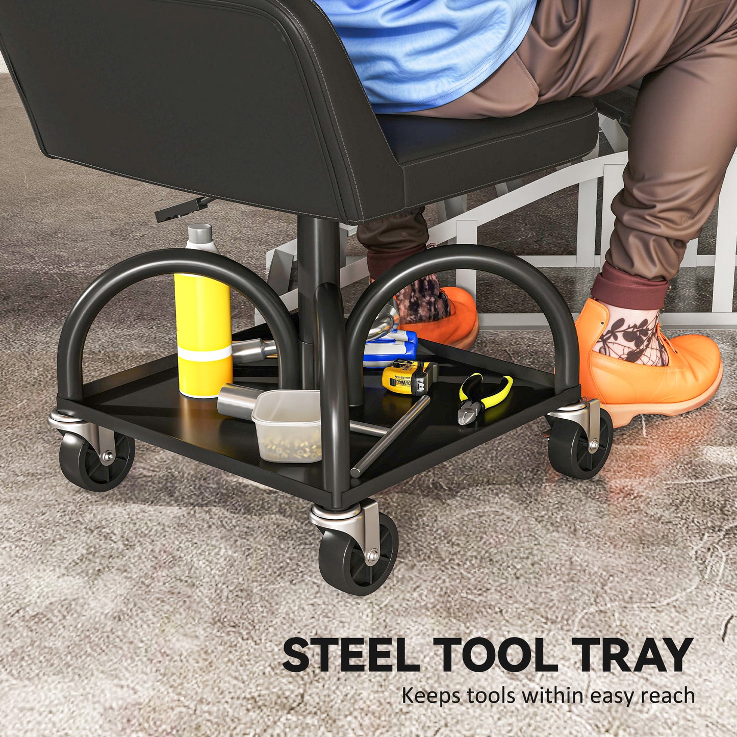 Workshop stool with castors, storage area, 58.5 cm high, rolling stool, load capacity up to 135 kg, black
