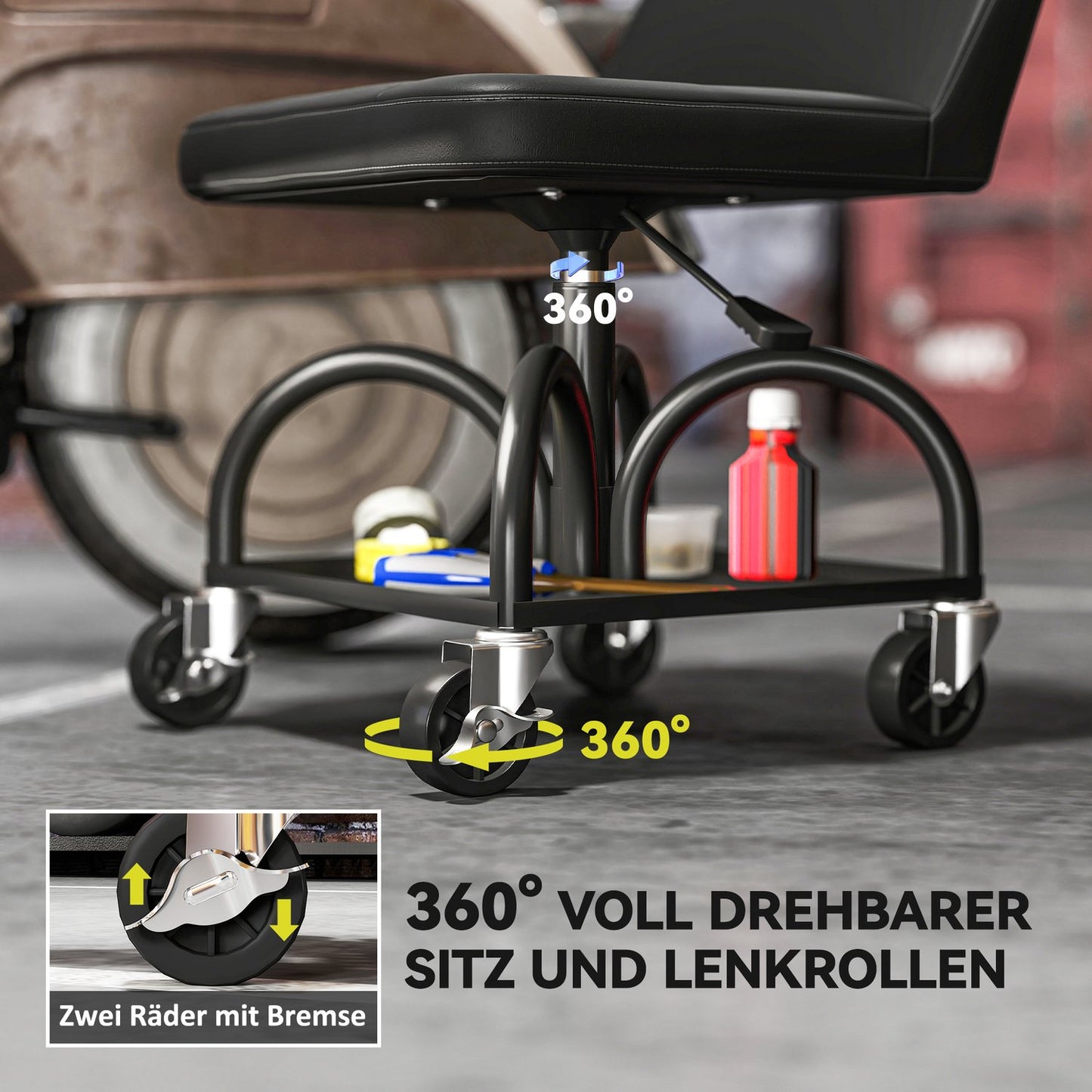 Workshop stool with castors, storage area, 58.5 cm high, rolling stool, load capacity up to 135 kg, black