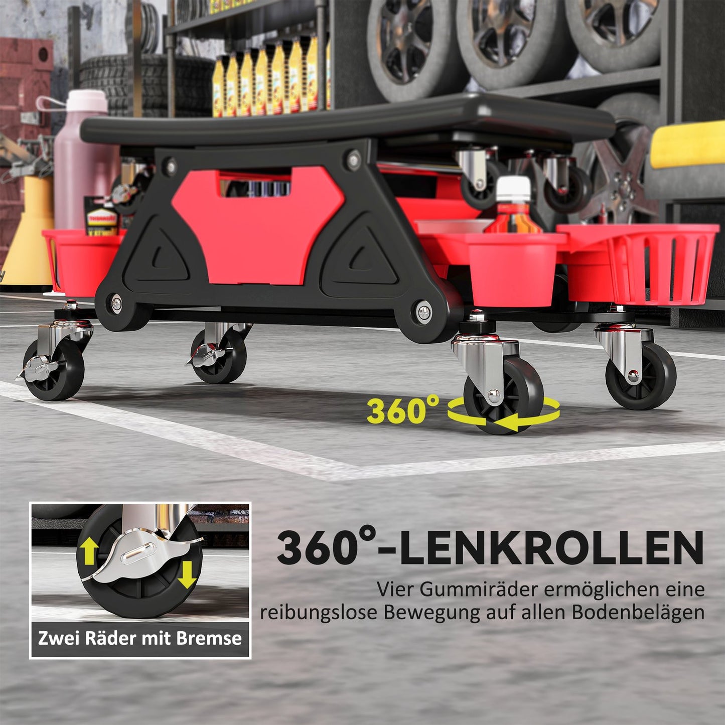 Workshop stool with removable castors, seat, storage area, 33cm high, rolling stool, load capacity up to 135 kg, red