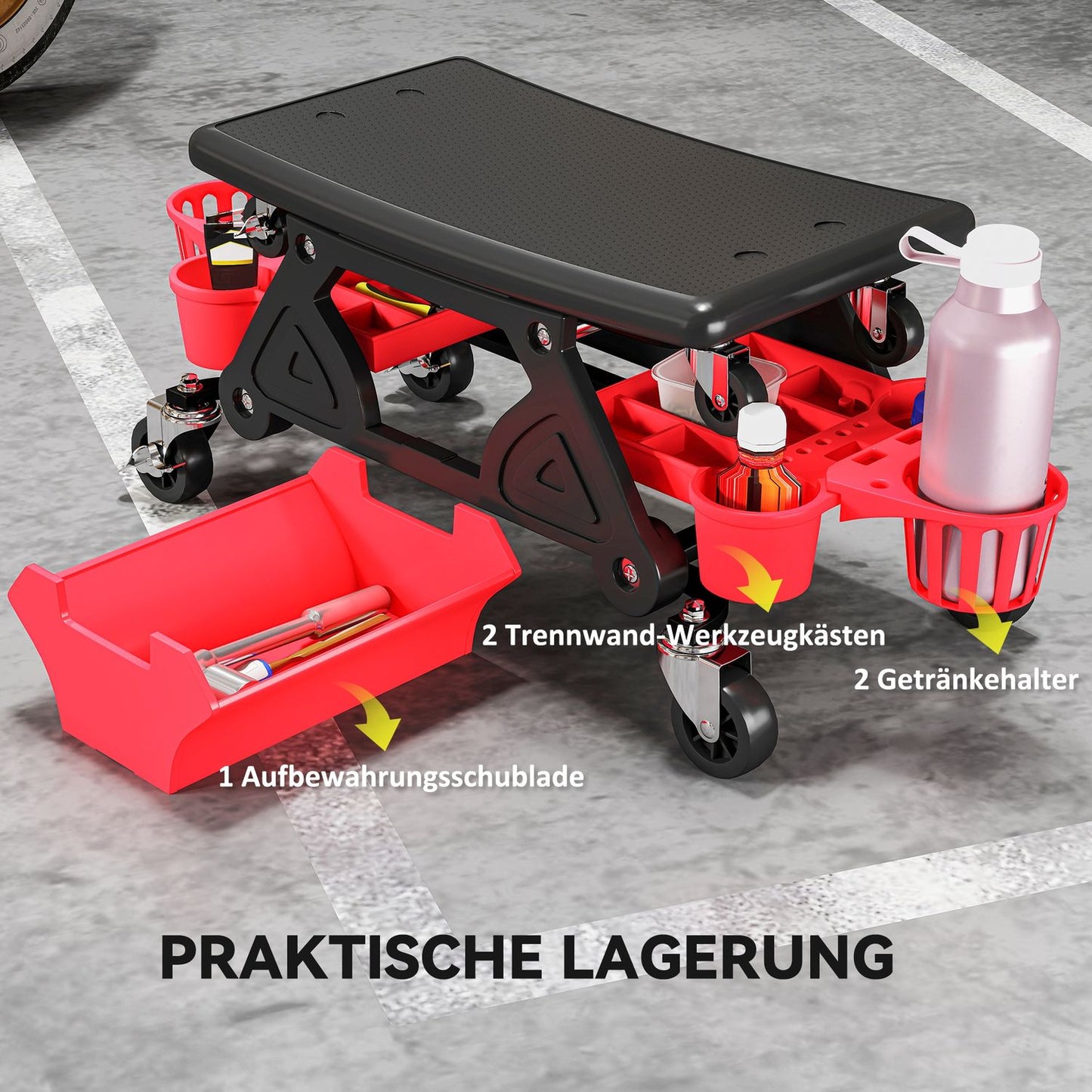 Workshop stool with removable castors, seat, storage area, 33cm high, rolling stool, load capacity up to 135 kg, red