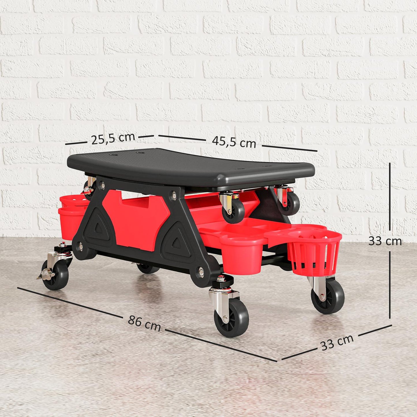 Workshop stool with removable castors, seat, storage area, 33cm high, rolling stool, load capacity up to 135 kg, red
