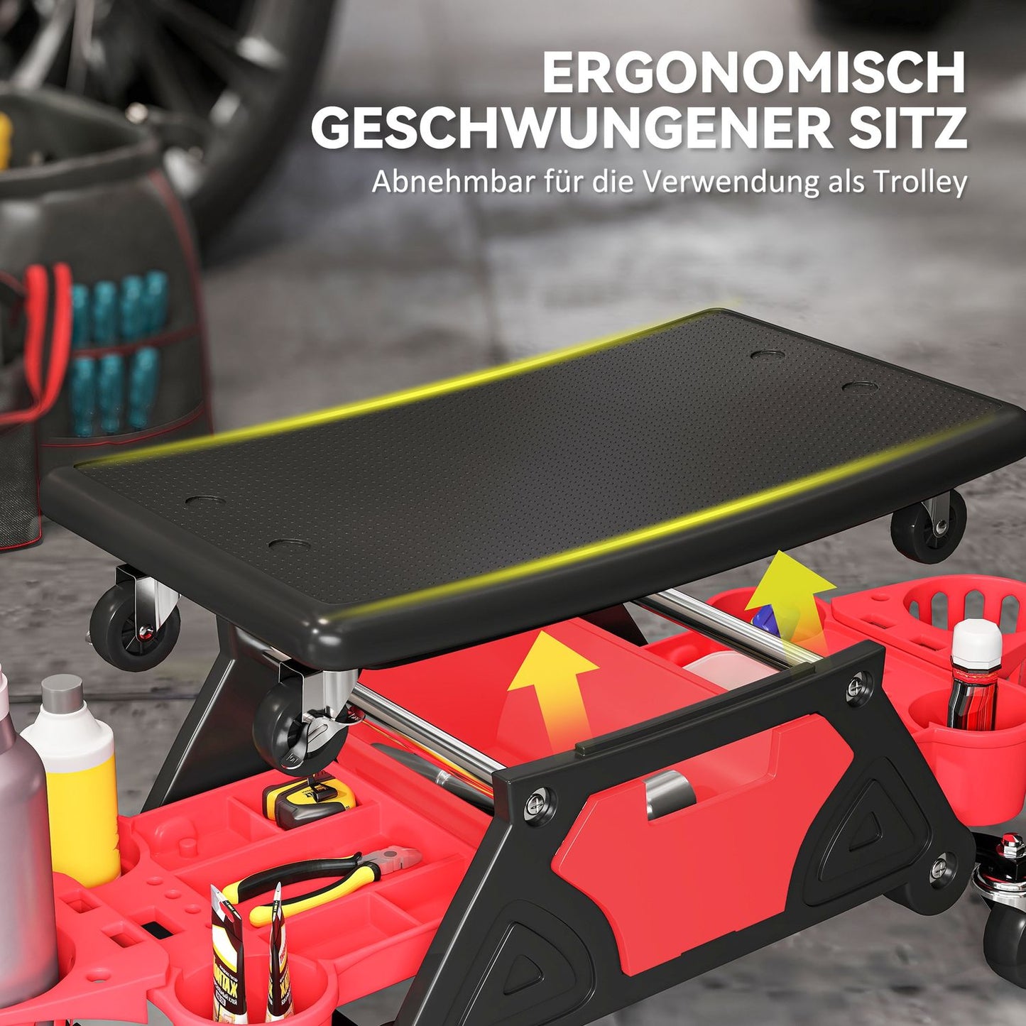 Workshop stool with removable castors, seat, storage area, 33cm high, rolling stool, load capacity up to 135 kg, red