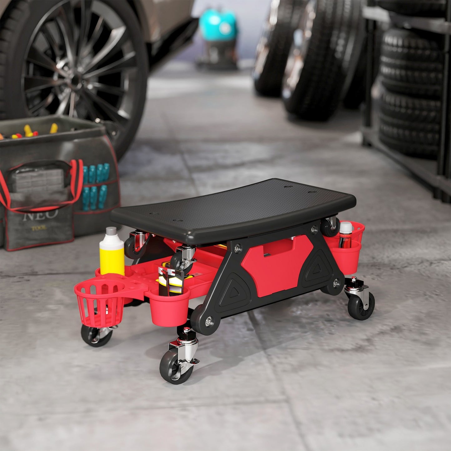 Workshop stool with removable castors, seat, storage area, 33cm high, rolling stool, load capacity up to 135 kg, red